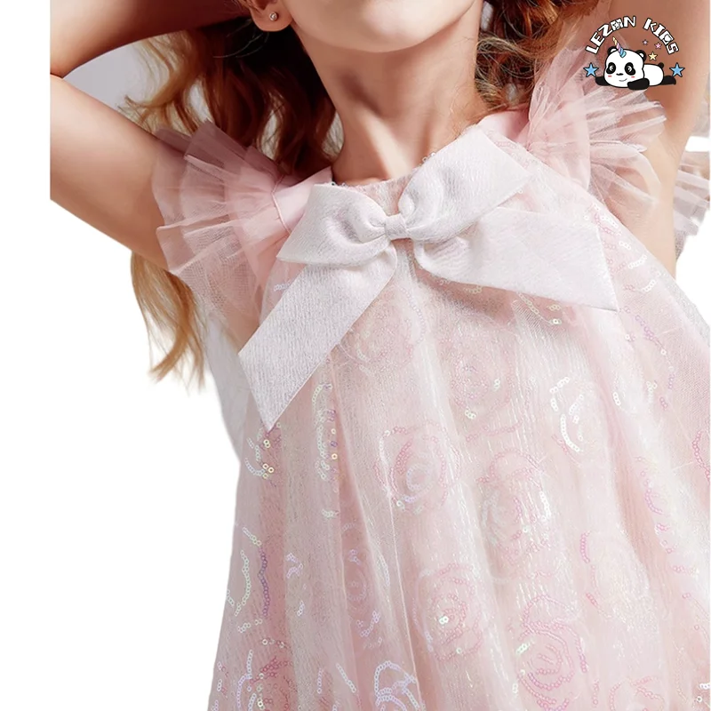 LEZONKIDS - Sequined Girl Dress Girls Ruffle Tulle Short Sleeve Sequin Tulle Dresses for Girls